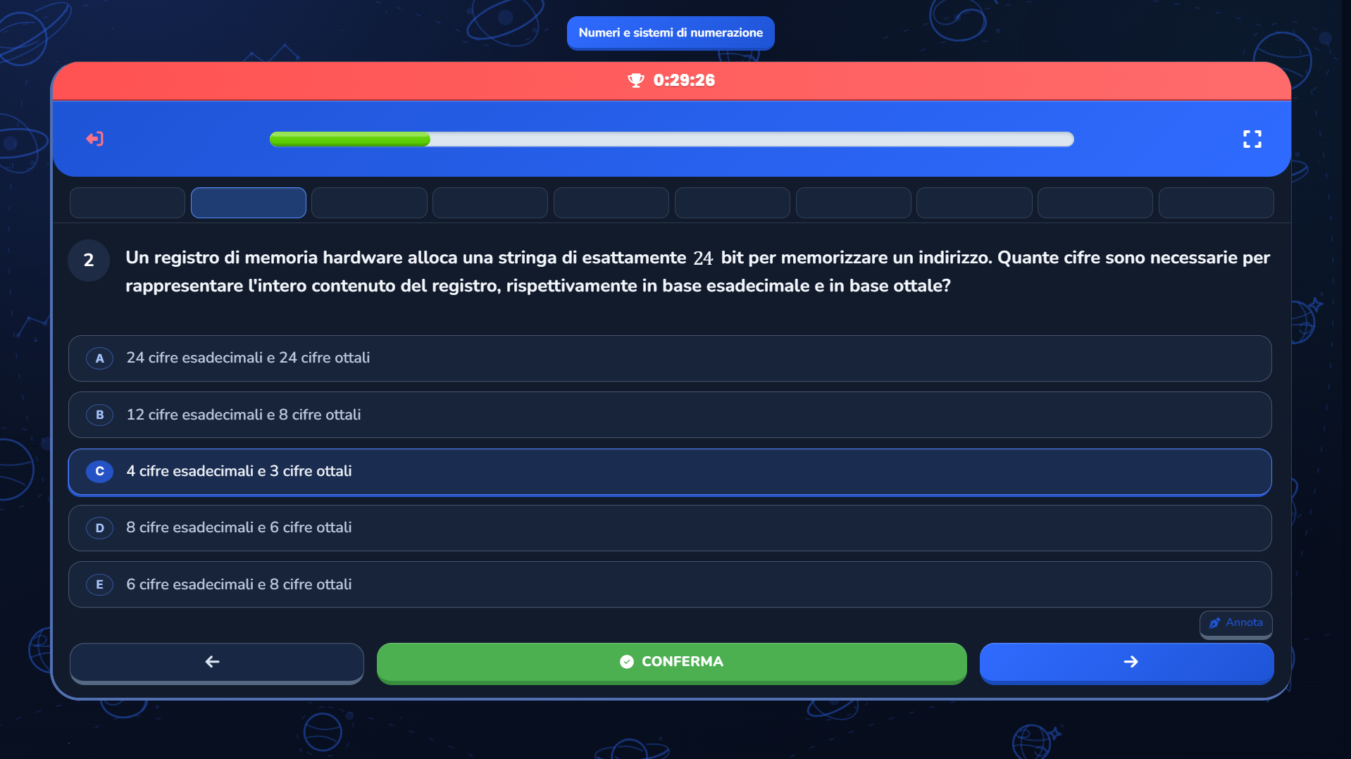 Test a tempo sui sistemi di numerazione con domande a scelta multipla